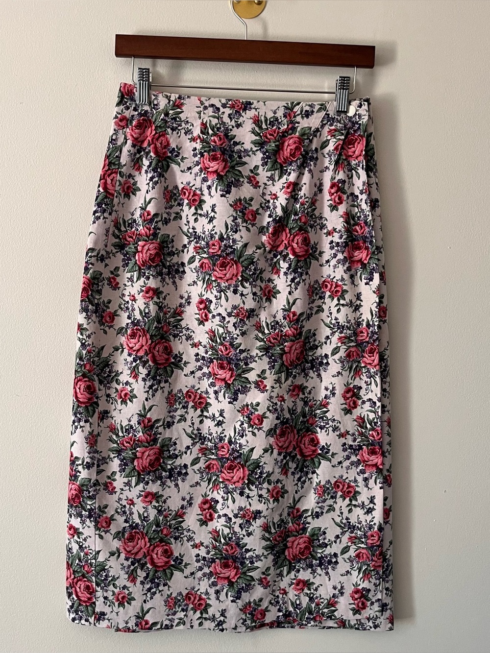 Vintage Linen Blend Wrap Skirt Pink Tea Rose Print Cottagecore Sz 4 USA Made